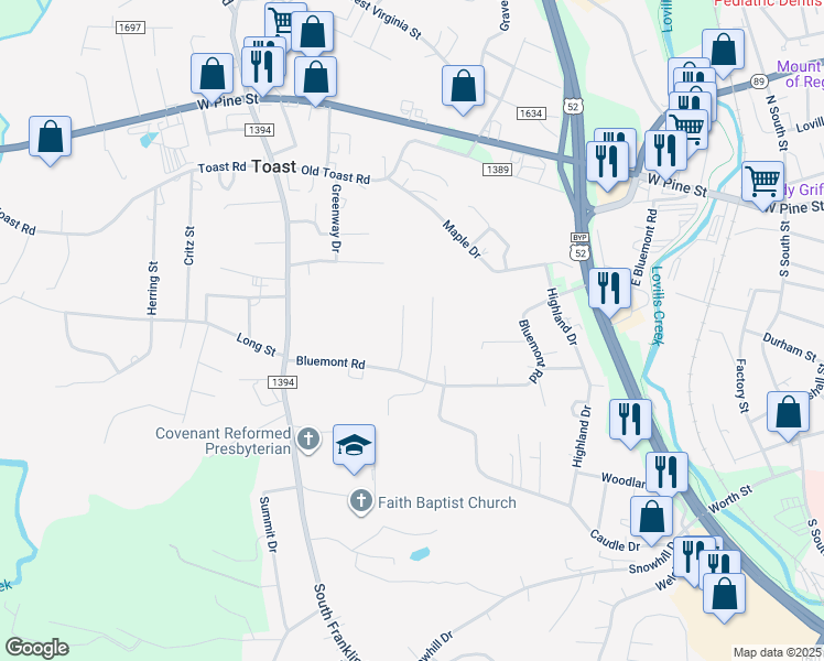 map of restaurants, bars, coffee shops, grocery stores, and more near 146 Wagoner Drive in Mount Airy