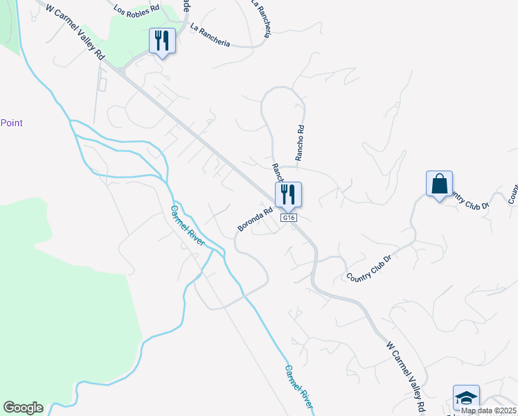 map of restaurants, bars, coffee shops, grocery stores, and more near 5 Boronda Road in Carmel Valley