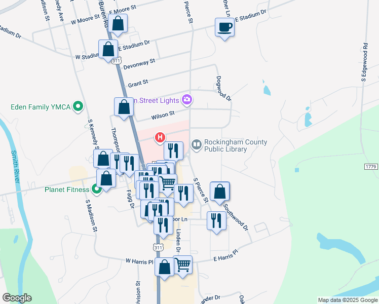 map of restaurants, bars, coffee shops, grocery stores, and more near 212 East Kings Highway in Eden