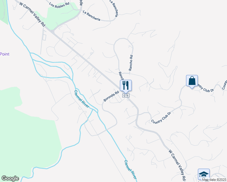 map of restaurants, bars, coffee shops, grocery stores, and more near 5 Boronda Road in Carmel Valley