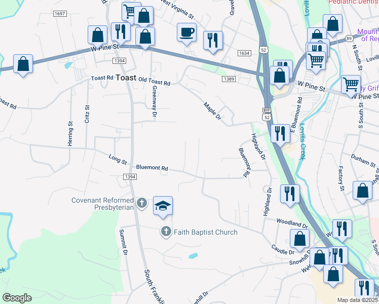map of restaurants, bars, coffee shops, grocery stores, and more near 146 Wagoner Drive in Mount Airy