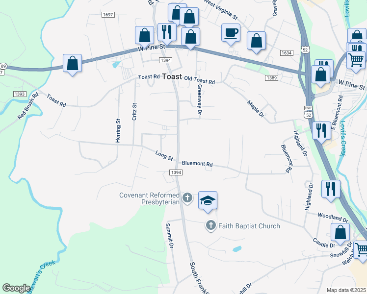 map of restaurants, bars, coffee shops, grocery stores, and more near 317 South Franklin Road in Mount Airy