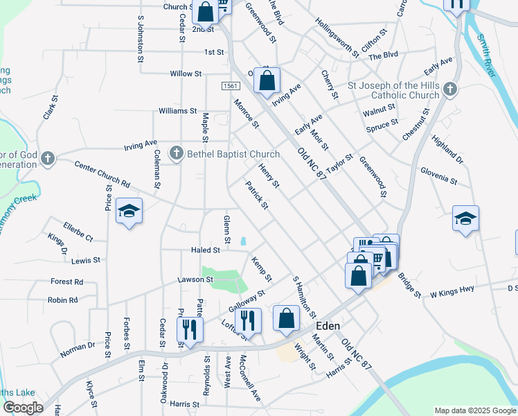 map of restaurants, bars, coffee shops, grocery stores, and more near 425 Patrick Street in Eden