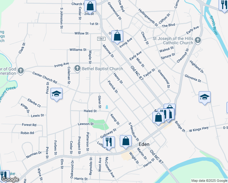 map of restaurants, bars, coffee shops, grocery stores, and more near 425 Patrick Street in Eden
