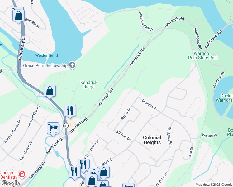 map of restaurants, bars, coffee shops, grocery stores, and more near 524 Haven Drive in Kingsport