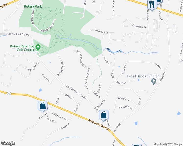 map of restaurants, bars, coffee shops, grocery stores, and more near 2680 Hidden Ridge Court in Clarksville