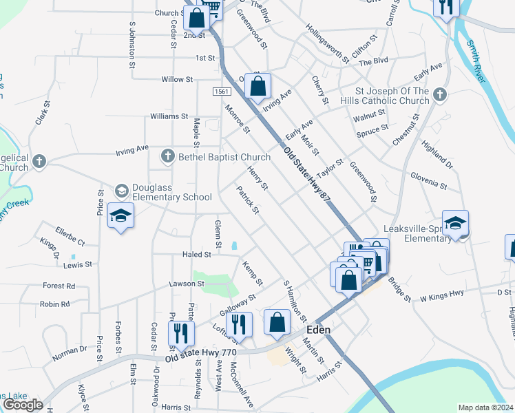 map of restaurants, bars, coffee shops, grocery stores, and more near 424 Patrick Street in Eden