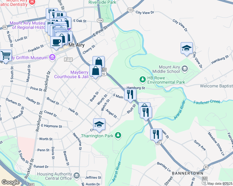 map of restaurants, bars, coffee shops, grocery stores, and more near 134 Hamburg Street in Mount Airy