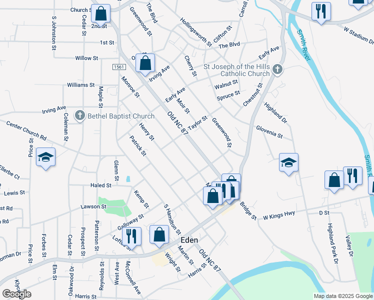 map of restaurants, bars, coffee shops, grocery stores, and more near 514 Monroe Street in Eden