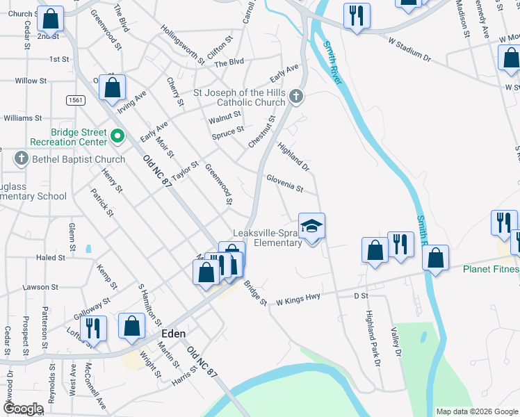 map of restaurants, bars, coffee shops, grocery stores, and more near 518 Boone Road in Eden