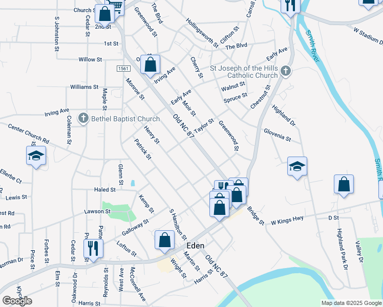 map of restaurants, bars, coffee shops, grocery stores, and more near 514 Monroe Street in Eden