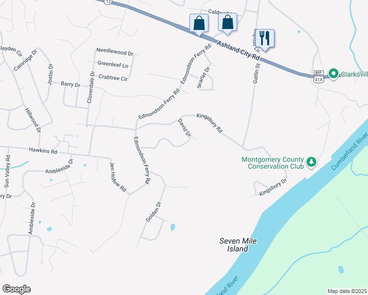 map of restaurants, bars, coffee shops, grocery stores, and more near 633 Hidden Valley Drive in Clarksville