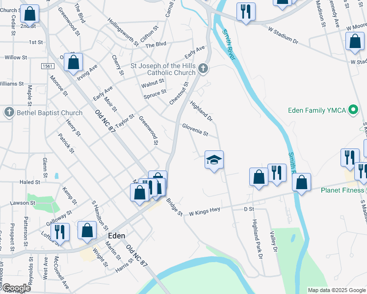 map of restaurants, bars, coffee shops, grocery stores, and more near 518 Boone Road in Eden