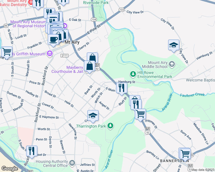 map of restaurants, bars, coffee shops, grocery stores, and more near 134 Hamburg Street in Mount Airy