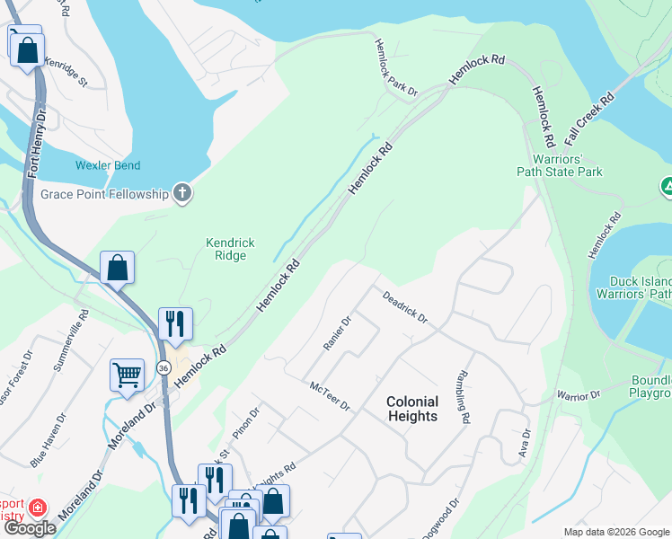map of restaurants, bars, coffee shops, grocery stores, and more near 524 Haven Drive in Kingsport