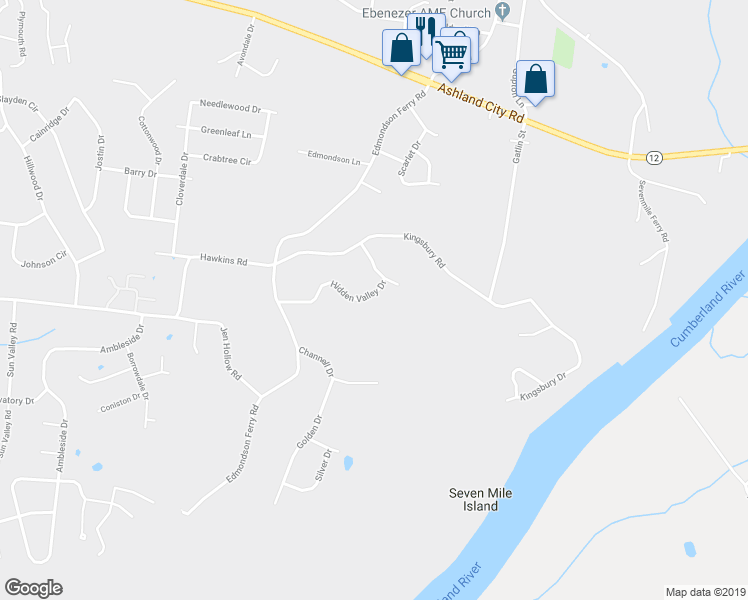 map of restaurants, bars, coffee shops, grocery stores, and more near 634 Hidden Valley Drive in Clarksville