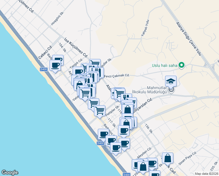 map of restaurants, bars, coffee shops, grocery stores, and more near No:29 Atatürk Caddesi in Alanya
