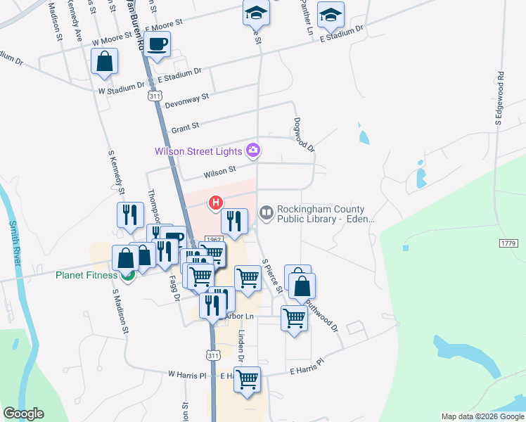 map of restaurants, bars, coffee shops, grocery stores, and more near 540 Dogwood Drive in Eden