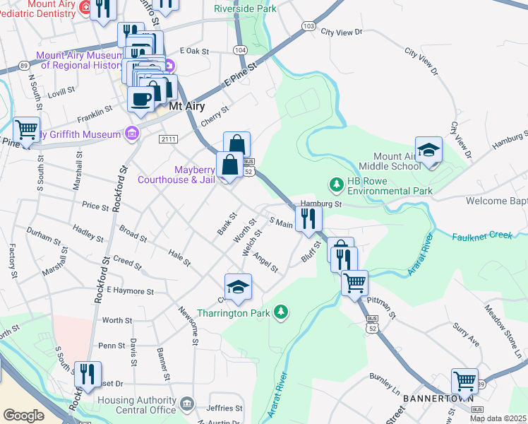 map of restaurants, bars, coffee shops, grocery stores, and more near 923 South Main Street in Mount Airy