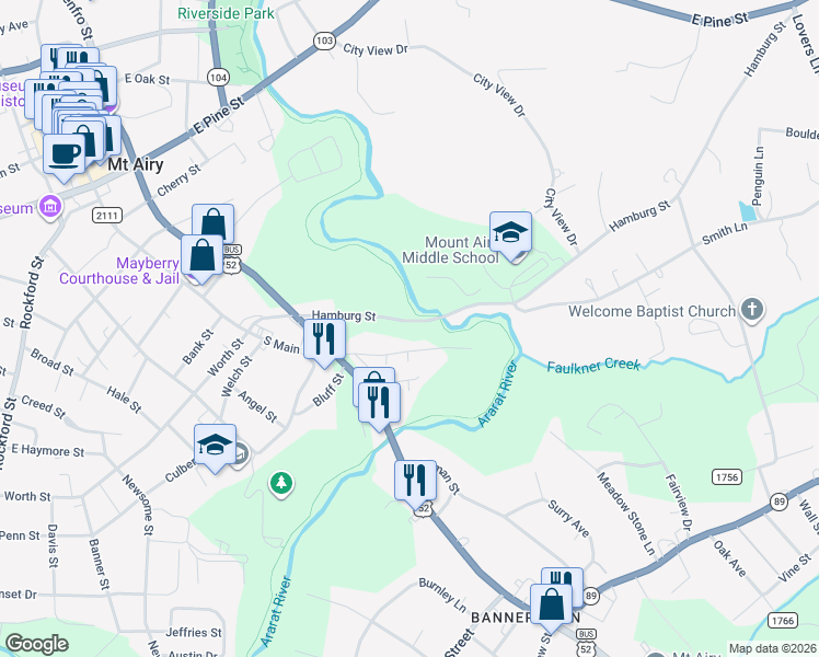 map of restaurants, bars, coffee shops, grocery stores, and more near 220 Hamburg Street in Mount Airy