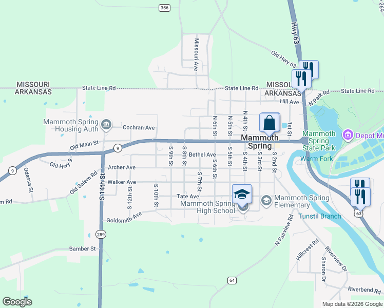 map of restaurants, bars, coffee shops, grocery stores, and more near 775 Bethel Avenue in Mammoth Spring