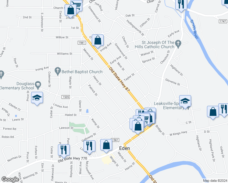 map of restaurants, bars, coffee shops, grocery stores, and more near 734 Taylor Street in Eden