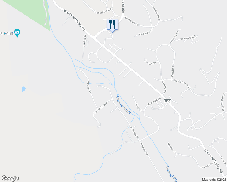 map of restaurants, bars, coffee shops, grocery stores, and more near 81 West Garzas Road in Carmel Valley