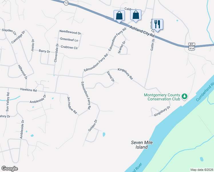 map of restaurants, bars, coffee shops, grocery stores, and more near 633 Hidden Valley Drive in Clarksville