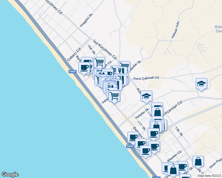 map of restaurants, bars, coffee shops, grocery stores, and more near 35 Aydın Sokak in Alanya