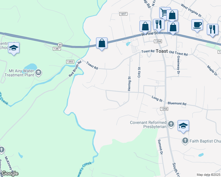 map of restaurants, bars, coffee shops, grocery stores, and more near 212 Locklear Street in Mount Airy
