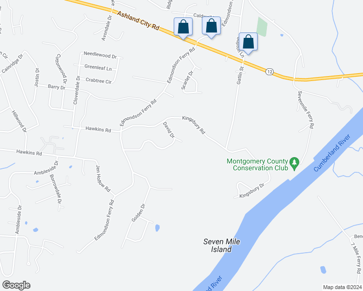 map of restaurants, bars, coffee shops, grocery stores, and more near 320 David Drive in Clarksville