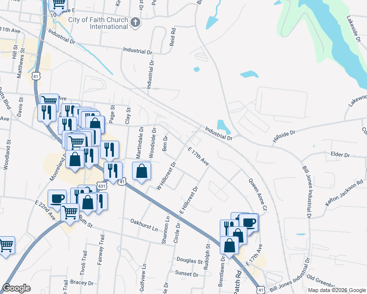 map of restaurants, bars, coffee shops, grocery stores, and more near 110 West Hillcrest Drive in Springfield