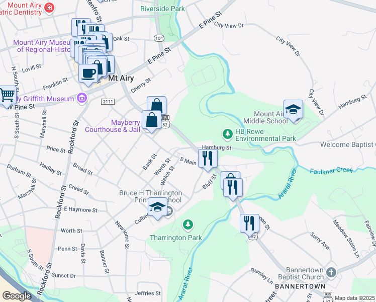 map of restaurants, bars, coffee shops, grocery stores, and more near 134 Hamburg Street in Mount Airy