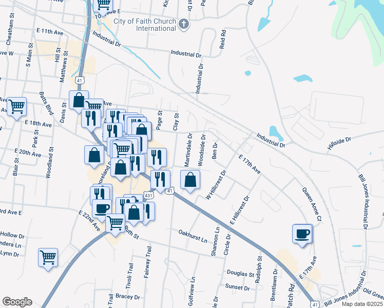 map of restaurants, bars, coffee shops, grocery stores, and more near 1712 Martindale Drive in Springfield