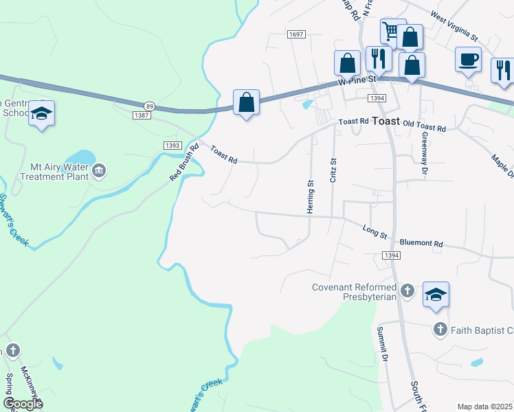 map of restaurants, bars, coffee shops, grocery stores, and more near 212 Locklear Street in Mount Airy