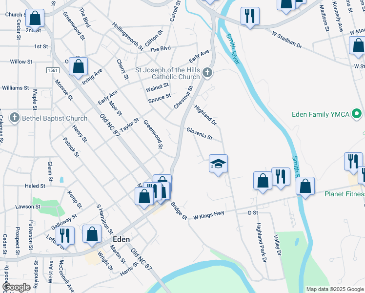 map of restaurants, bars, coffee shops, grocery stores, and more near 518 Boone Road in Eden