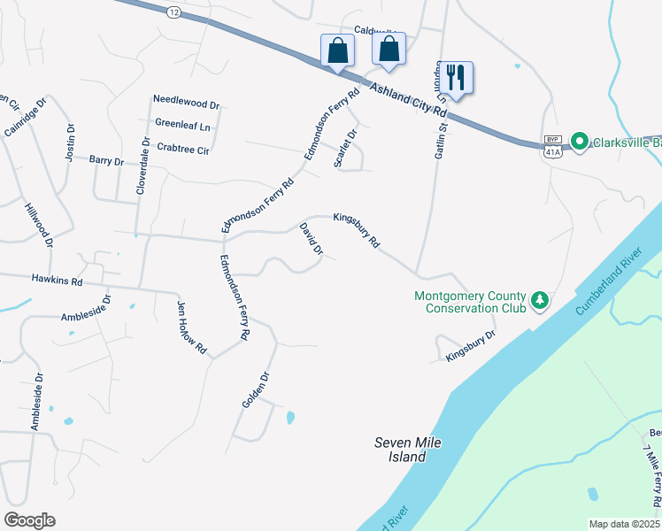 map of restaurants, bars, coffee shops, grocery stores, and more near 318 David Drive in Clarksville