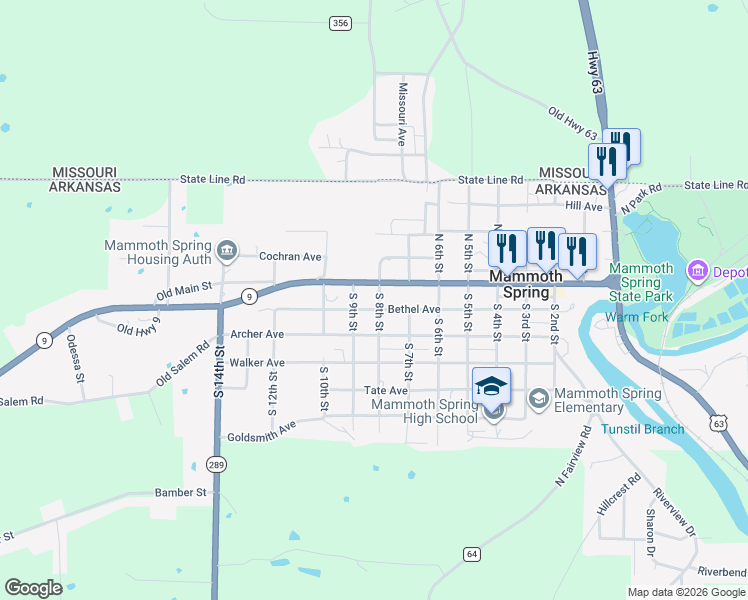map of restaurants, bars, coffee shops, grocery stores, and more near 775 Bethel Avenue in Mammoth Spring