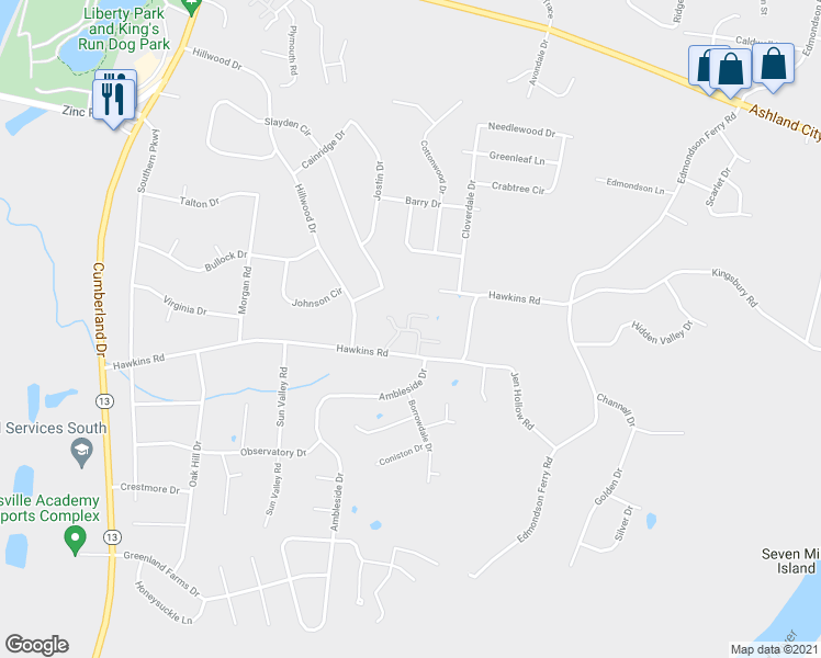 map of restaurants, bars, coffee shops, grocery stores, and more near 311 Hawkins Road in Clarksville