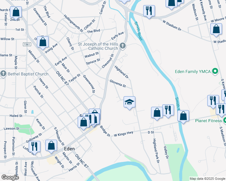 map of restaurants, bars, coffee shops, grocery stores, and more near 518 Boone Road in Eden