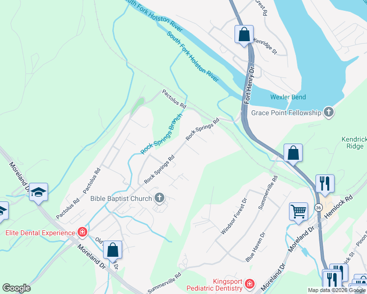 map of restaurants, bars, coffee shops, grocery stores, and more near 265 Rock Springs Road in Kingsport