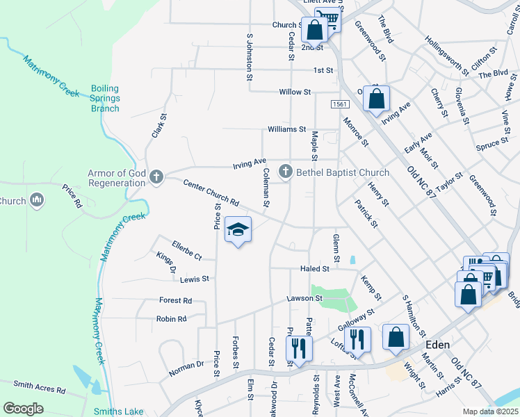 map of restaurants, bars, coffee shops, grocery stores, and more near 1117 Center Church Road in Eden