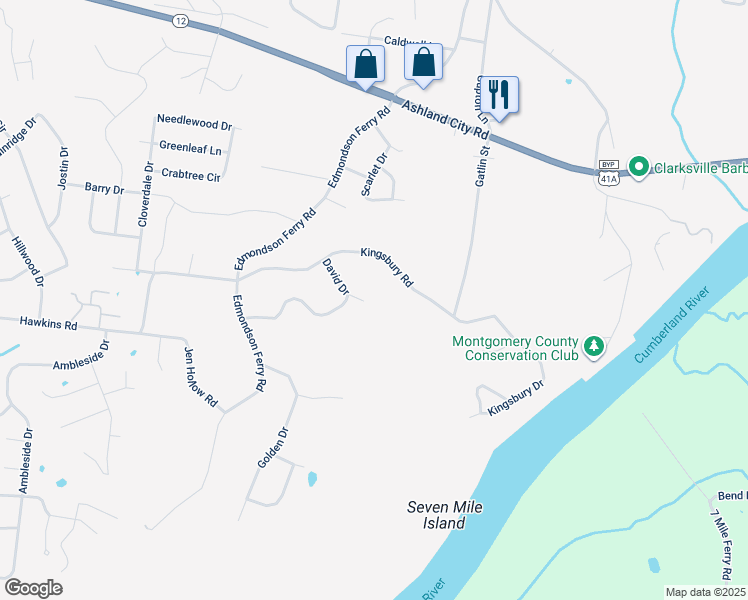map of restaurants, bars, coffee shops, grocery stores, and more near 318 David Drive in Clarksville