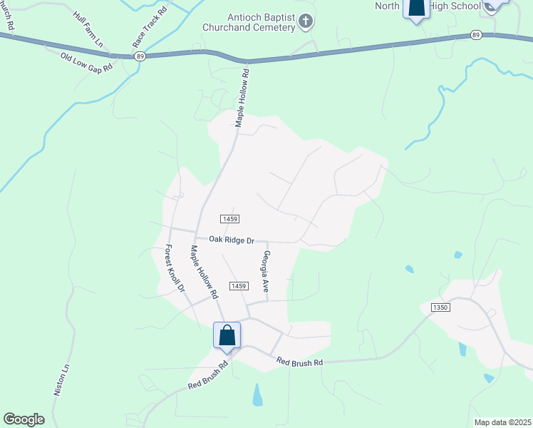 map of restaurants, bars, coffee shops, grocery stores, and more near 173 Oak Ridge Circle in Mount Airy