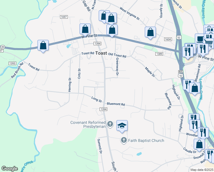 map of restaurants, bars, coffee shops, grocery stores, and more near 317 South Franklin Road in Mount Airy