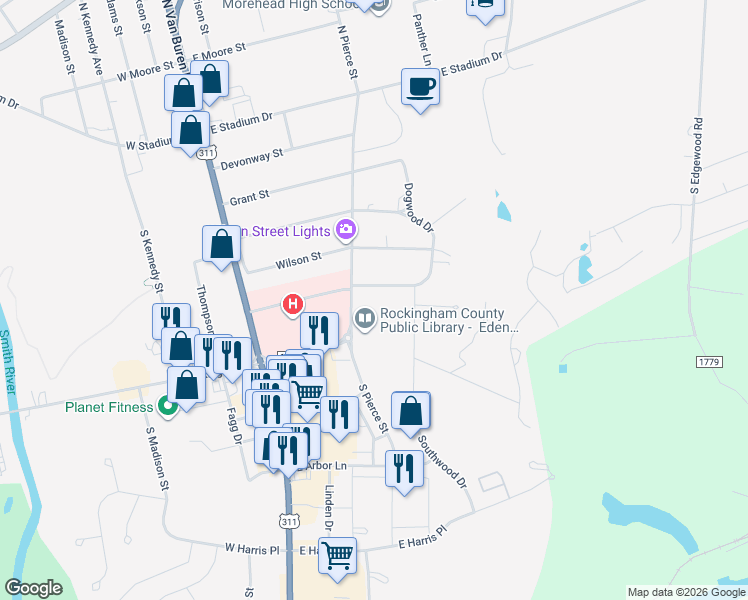map of restaurants, bars, coffee shops, grocery stores, and more near 540 Dogwood Drive in Eden
