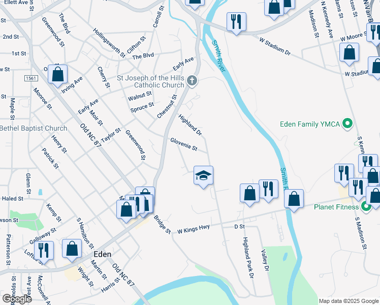 map of restaurants, bars, coffee shops, grocery stores, and more near 520 College Street in Eden