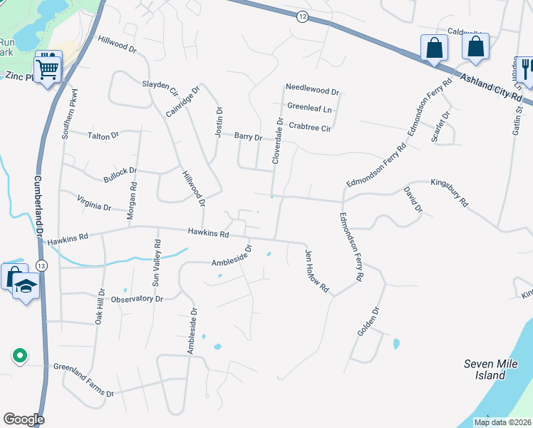map of restaurants, bars, coffee shops, grocery stores, and more near 311 Hawkins Road in Clarksville
