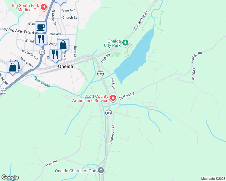 map of restaurants, bars, coffee shops, grocery stores, and more near 106 Park Road in Oneida