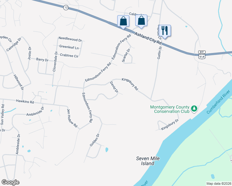 map of restaurants, bars, coffee shops, grocery stores, and more near 312 David Drive in Clarksville